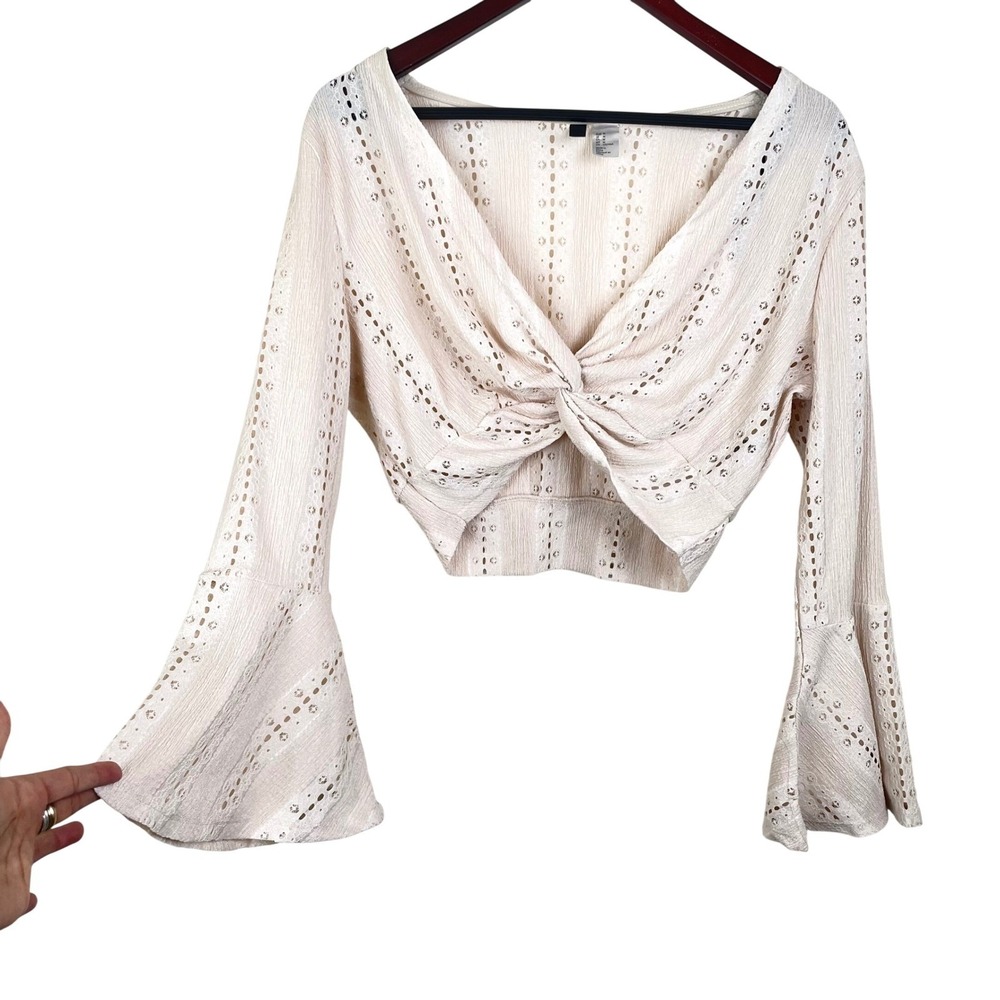 Womens Top Sz M Bell Sleeve Festival Fairy Grunge Cottage Cream Cropped Boho
